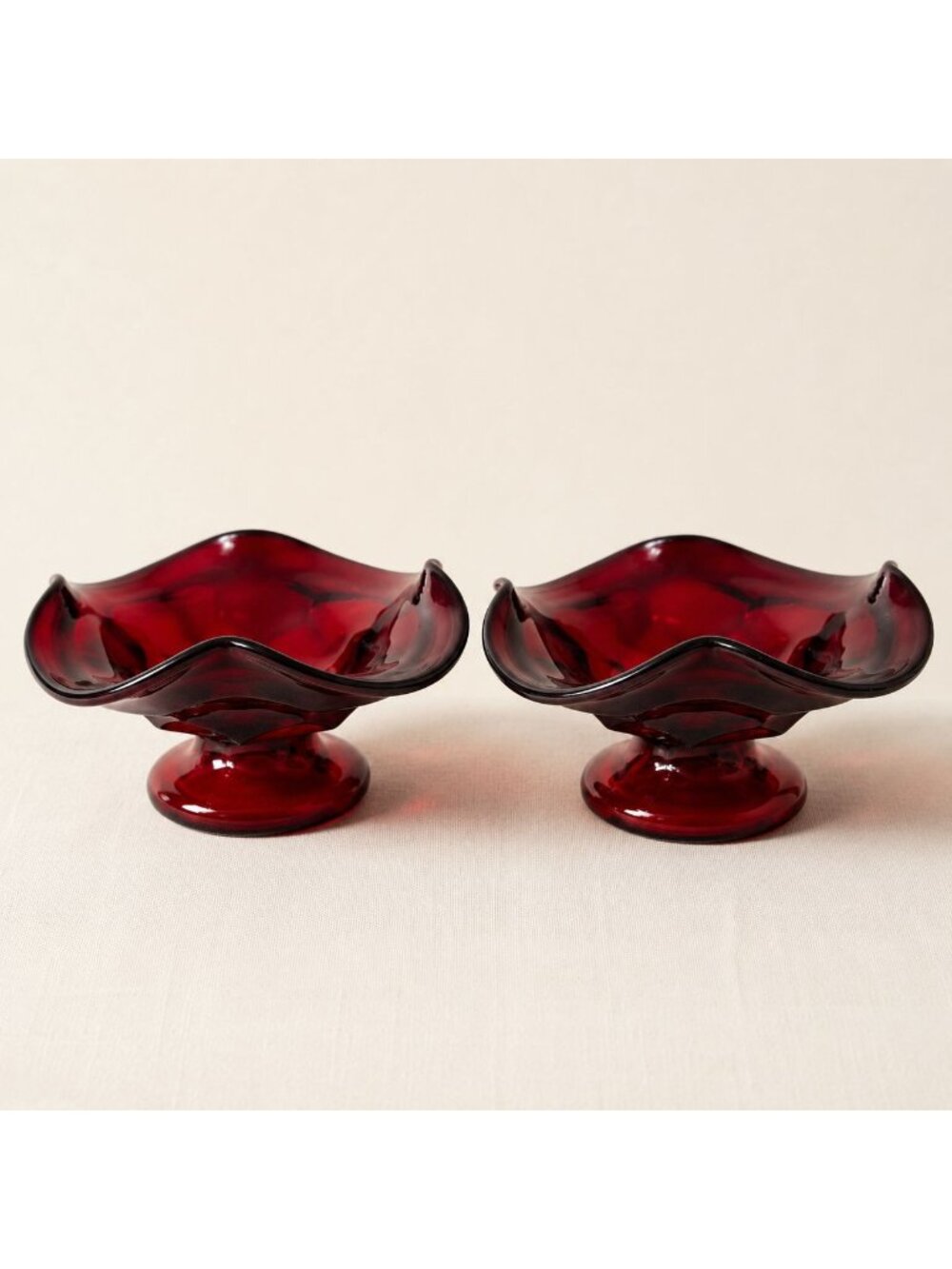 Ruby Red Freeform Glass Compote Bowls Set of 2 MCM VTG Ruffled Pedestal Art